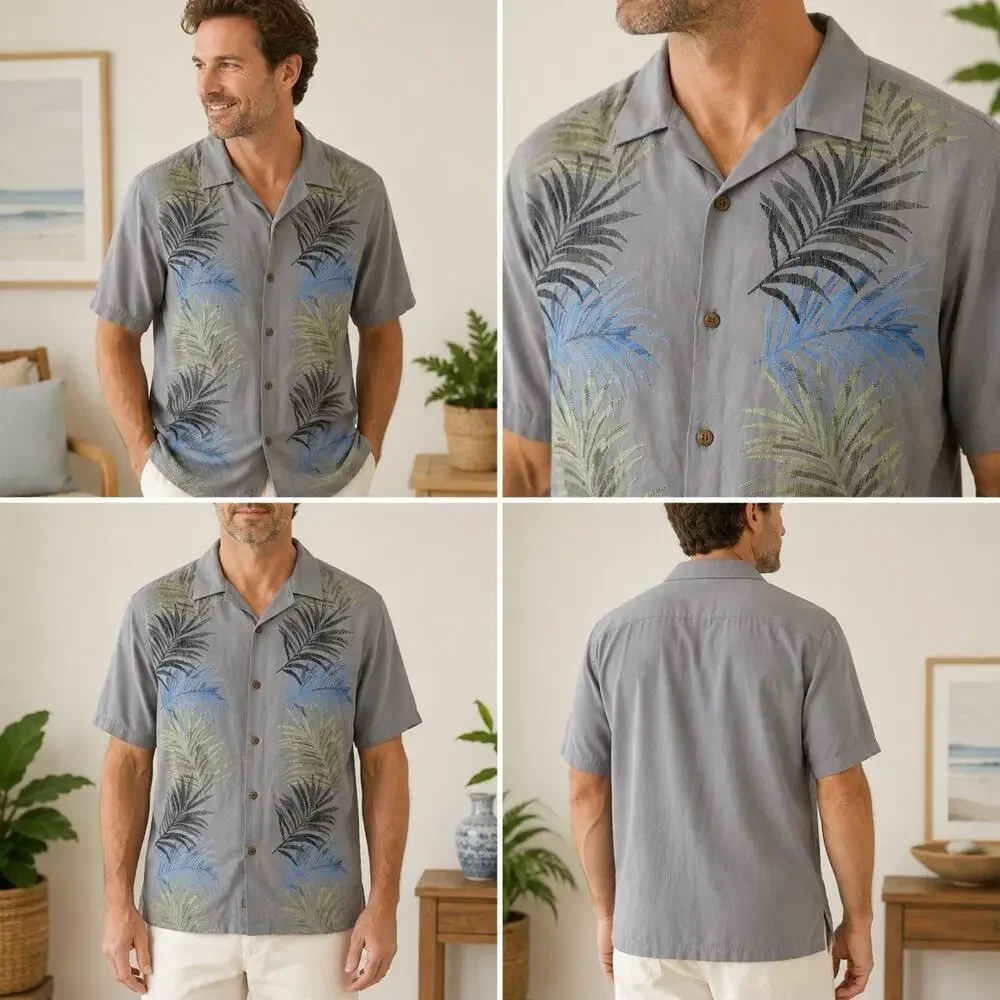 Tommy Bahama Mens XL 100% Silk Gray Palm Embroidered Hawaiian Camp Shirt